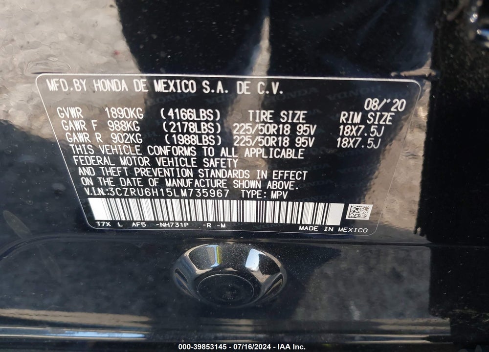 2020 HONDA HR-V AWD SPORT VIN: 3CZRU6H15LM735967