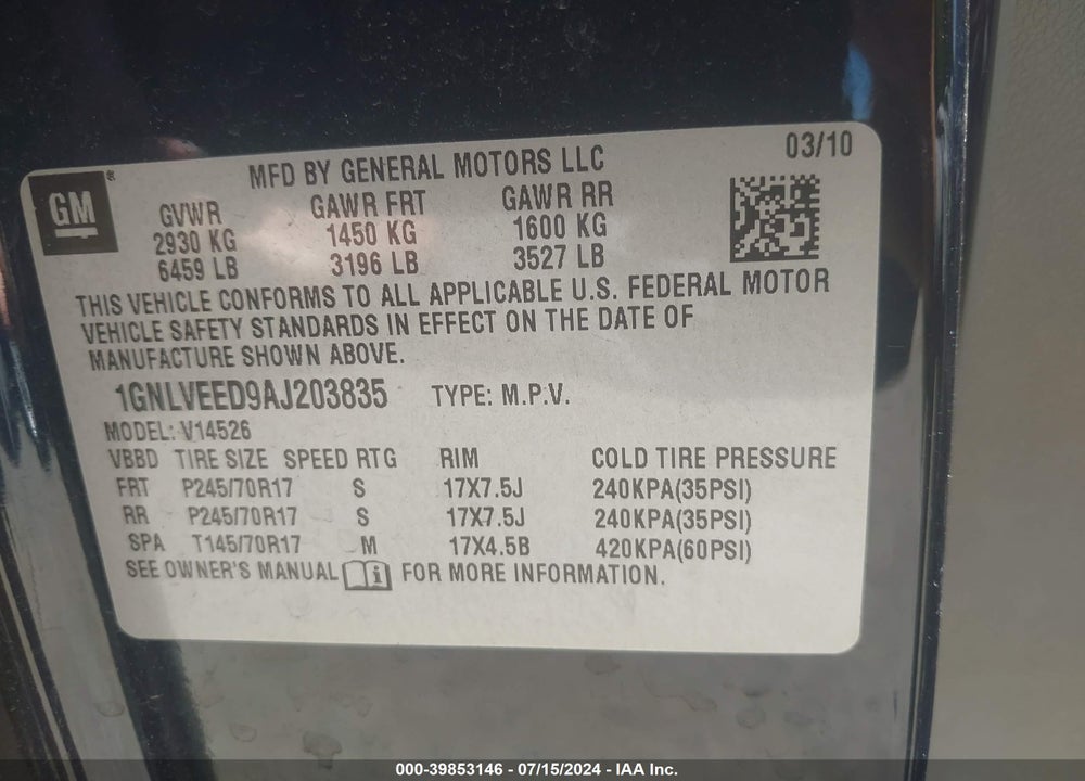 2010 CHEVROLET TRAVERSE LS VIN: 1GNLVEED9AJ203835