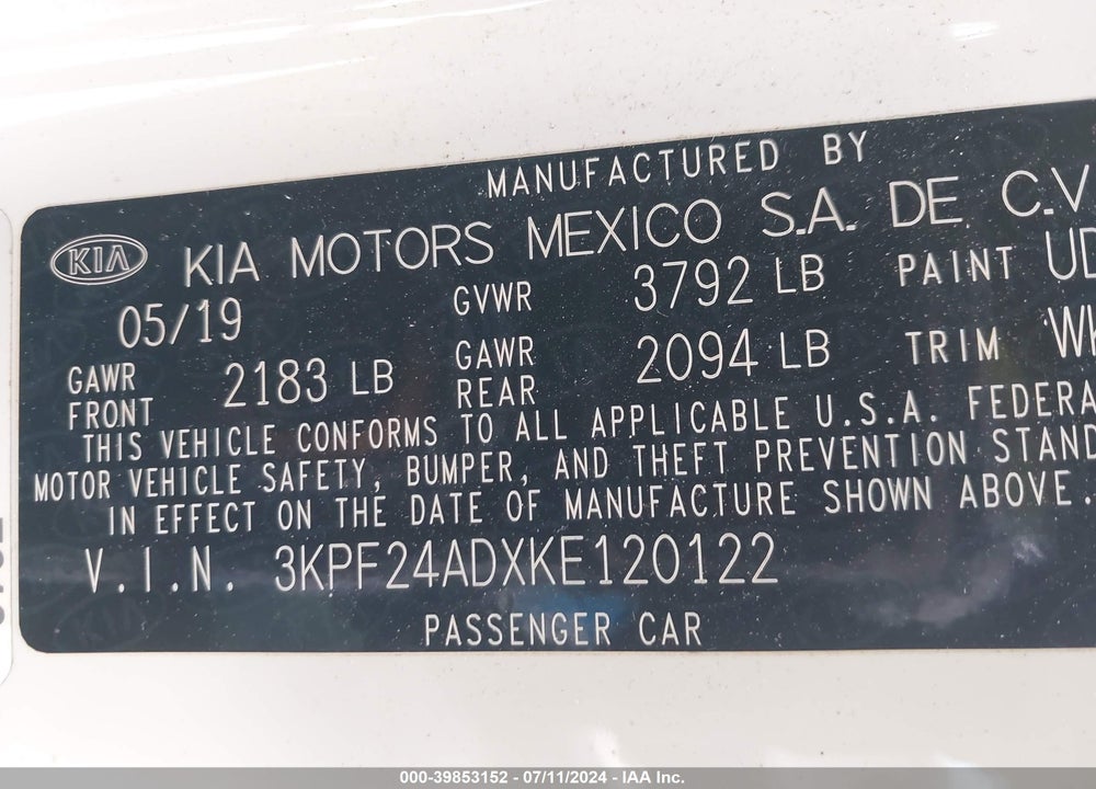 2019 KIA FORTE LXS VIN: 3KPF24ADXKE120122