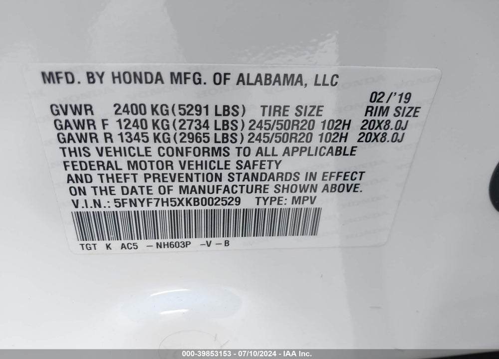 2019 HONDA PASSPORT EX-L VIN: 5FNYF7H5XKB002529