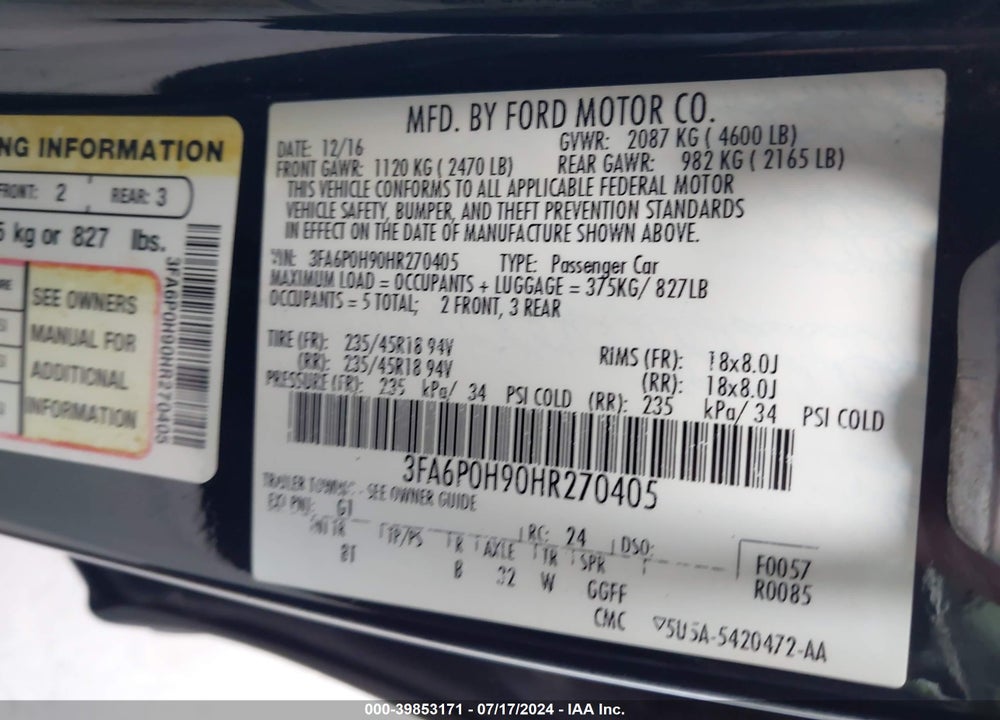 2017 FORD FUSION SE VIN: 3FA6P0H90HR270405