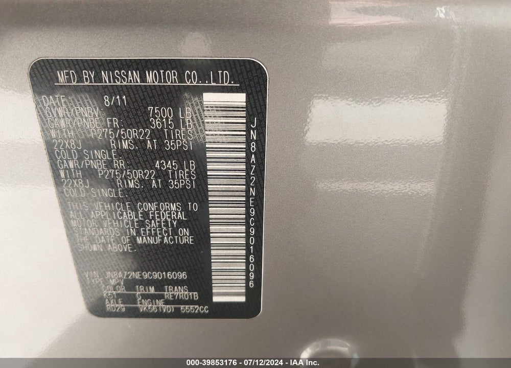 2012 INFINITI QX56 VIN: JN8AZ2NE9C9016096