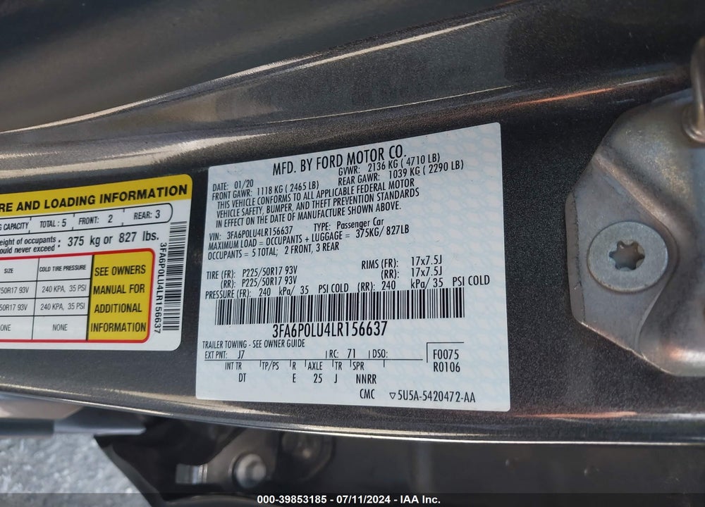 2020 FORD FUSION HYBRID SE VIN: 3FA6P0LU4LR156637