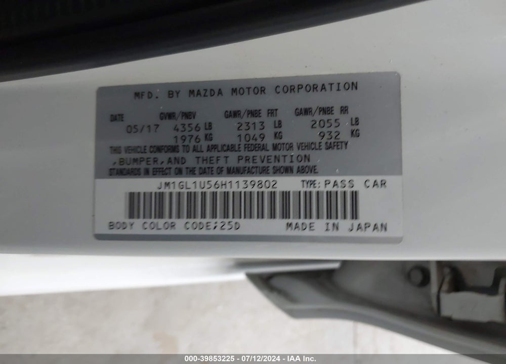 2017 MAZDA 6 SPORT VIN: JM1GL1U56H1139802