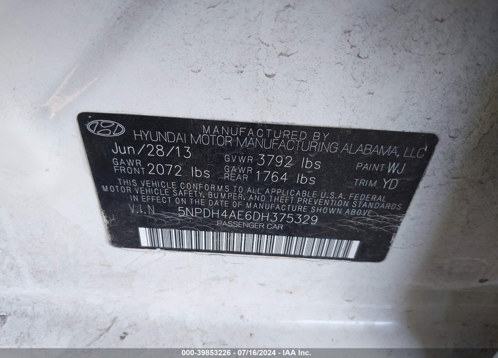 2013 HYUNDAI ELANTRA GLS VIN: 5NPDH4AE6DH375329