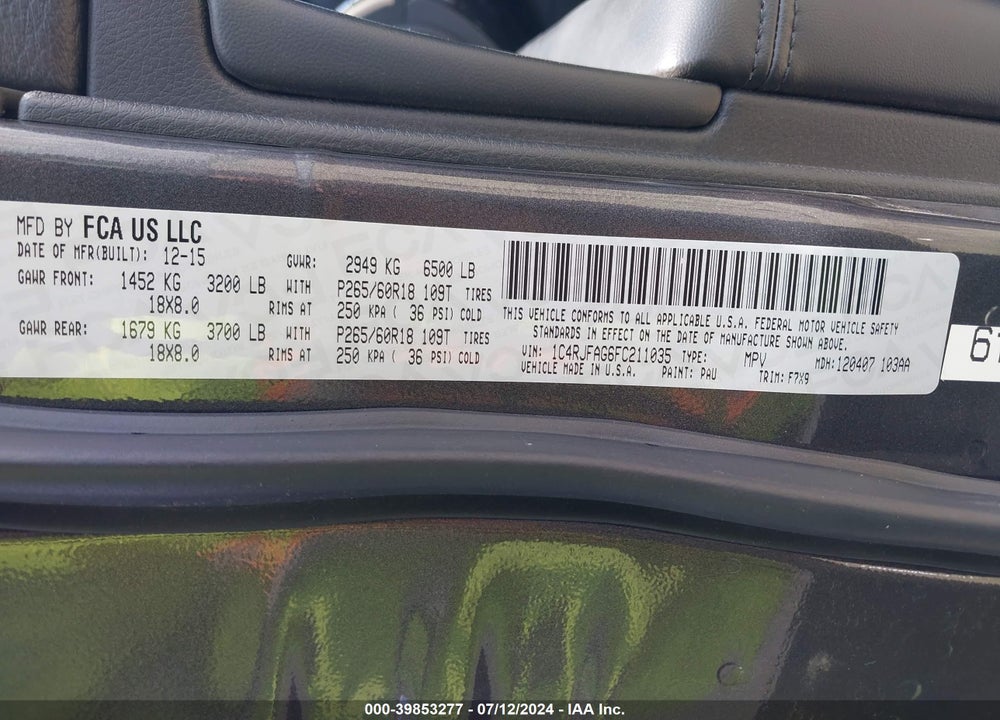 2015 JEEP GRAND CHEROKEE LAREDO VIN: 1C4RJFAG6FC211035