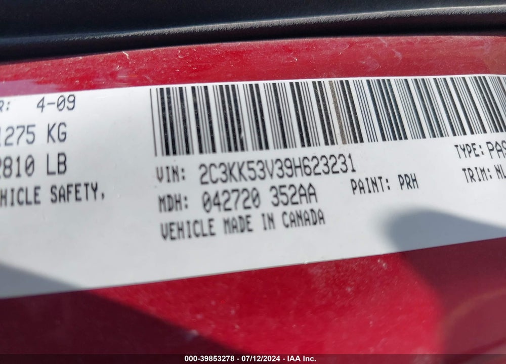 2009 CHRYSLER 300 VIN: 2C3KK53V39H623231