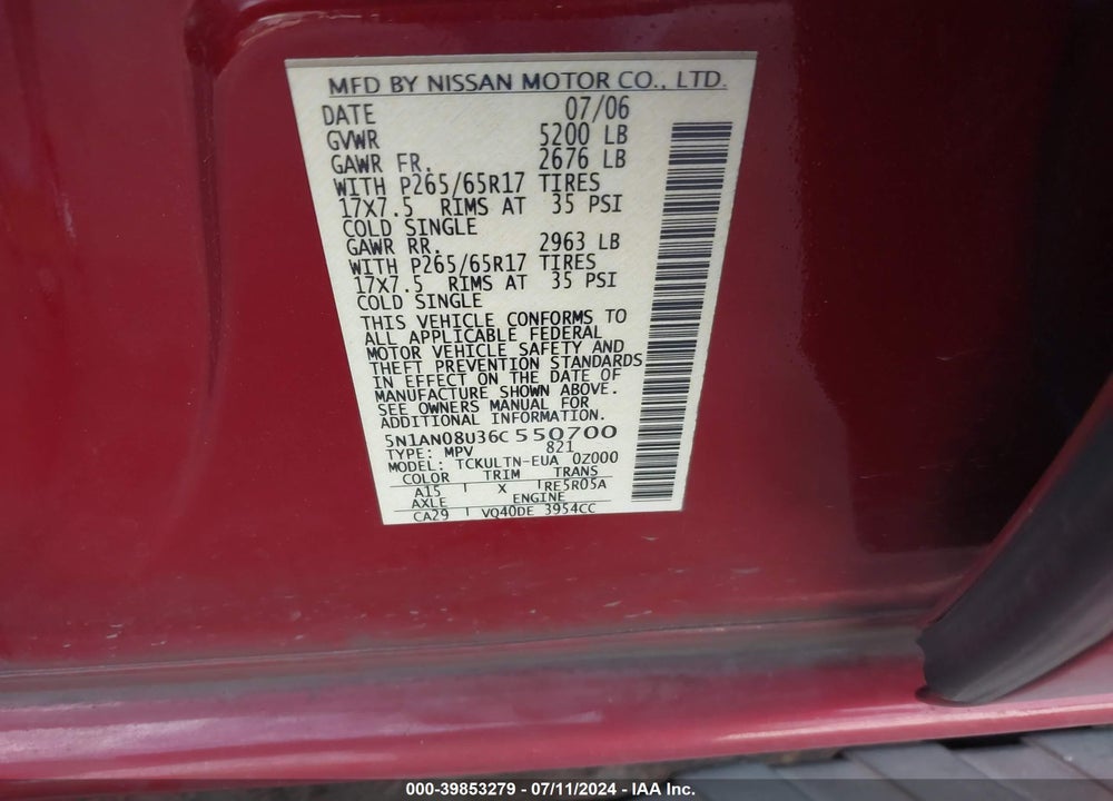 2006 NISSAN XTERRA SE VIN: 5N1AN08U36C550700