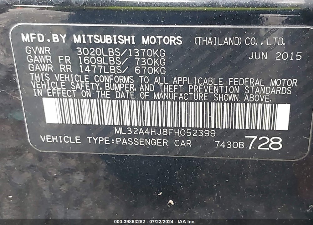 2015 MITSUBISHI MIRAGE ES VIN: ML32A4HJ8FH052399