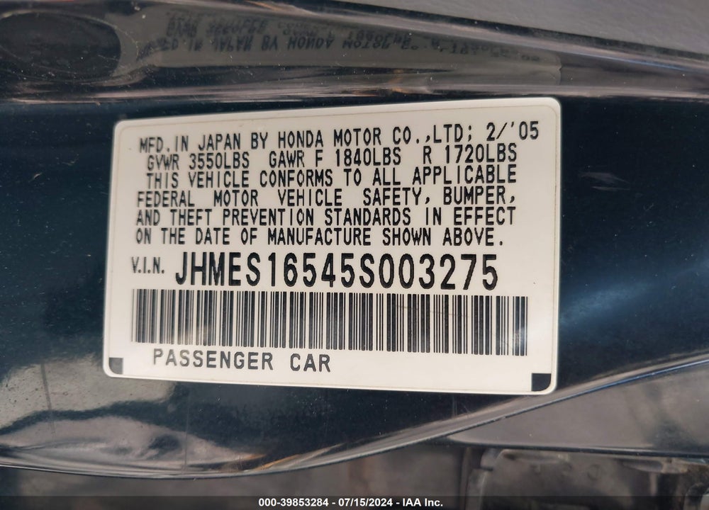 2005 HONDA CIVIC LX VIN: JHMES16545S003275