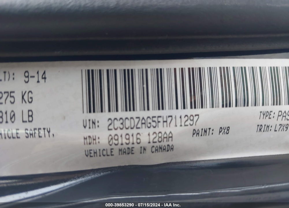 2015 DODGE CHALLENGER SXT VIN: 2C3CDZAG5FH711297