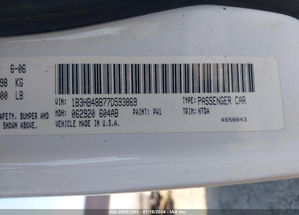 2007 DODGE CALIBER SXT VIN: 1B3HB48B77D593869