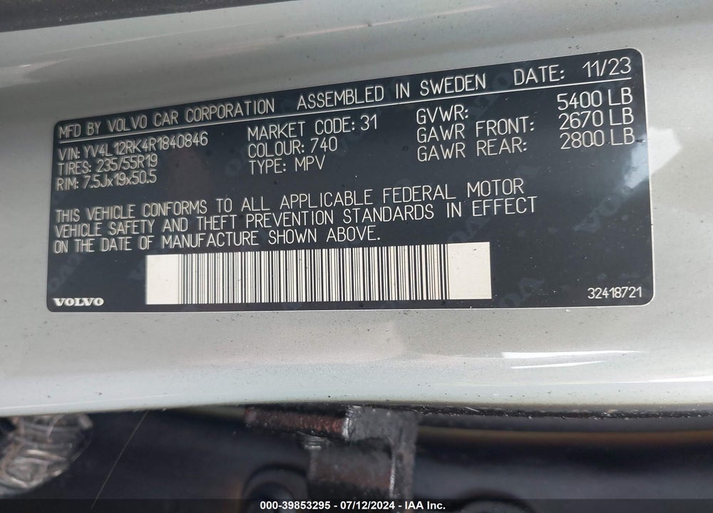 2024 VOLVO XC60 VIN: YV4L12RK4R1840846