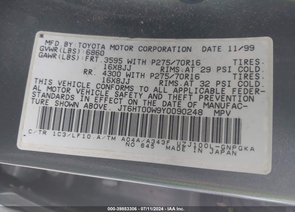 2000 LEXUS LX 470 VIN: JT6HT00W9Y0090248