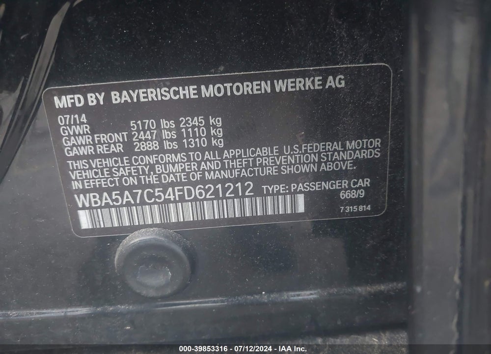 2015 BMW 528I XDRIVE VIN: WBA5A7C54FD621212