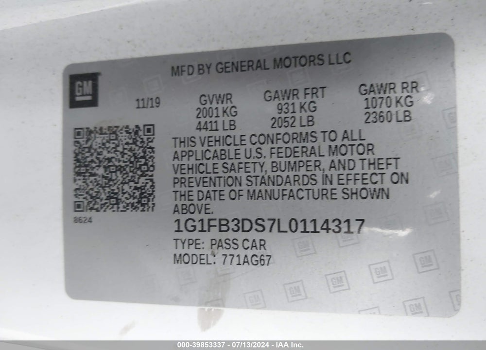 2020 CHEVROLET CAMARO RWD 1LT VIN: 1G1FB3DS7L0114317