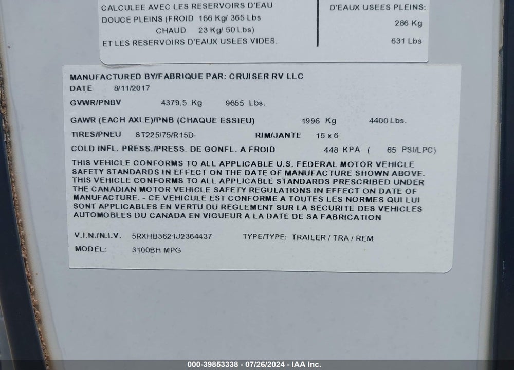 2018 CRUISER RV MPG ULTRA LITE SERIE VIN: 5RXHB3621J2364437