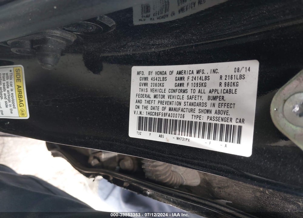 2015 HONDA ACCORD HYBRID EX-L VIN: 1HGCR6F59FA000706