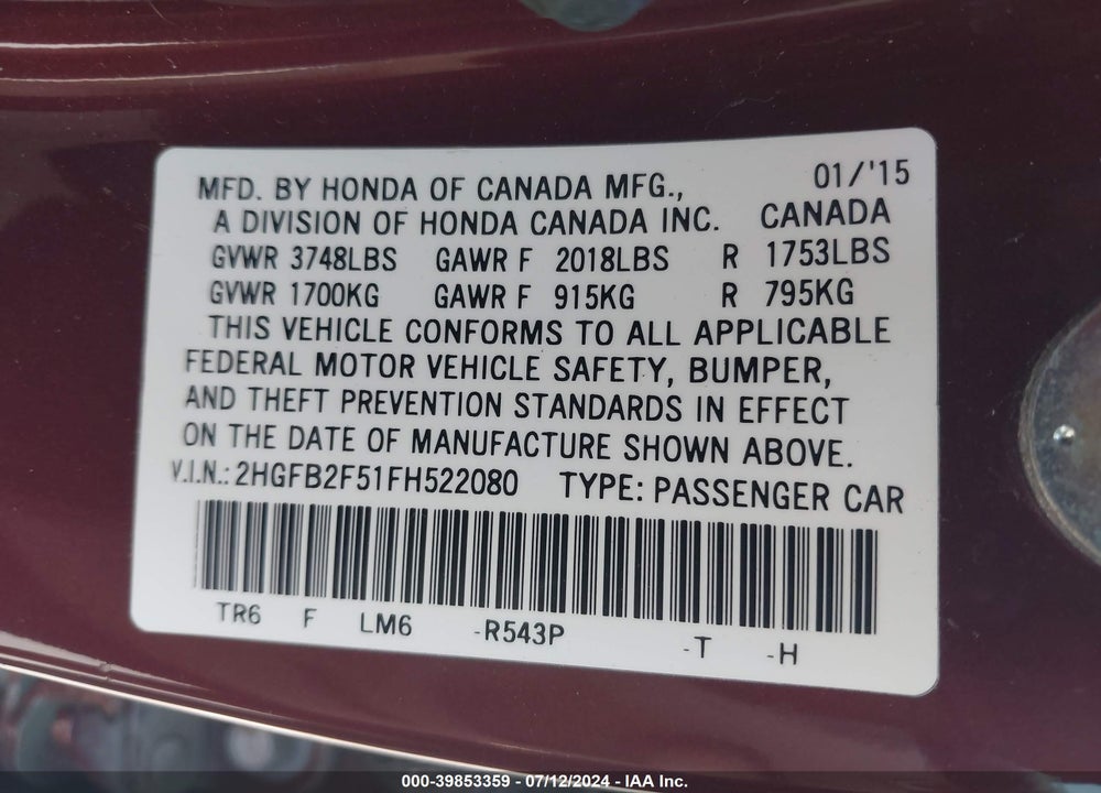 2015 HONDA CIVIC VIN: 2HGFB2F51FH522080