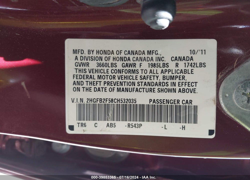 2012 HONDA CIVIC VIN: 2HGFB2F58CH532035