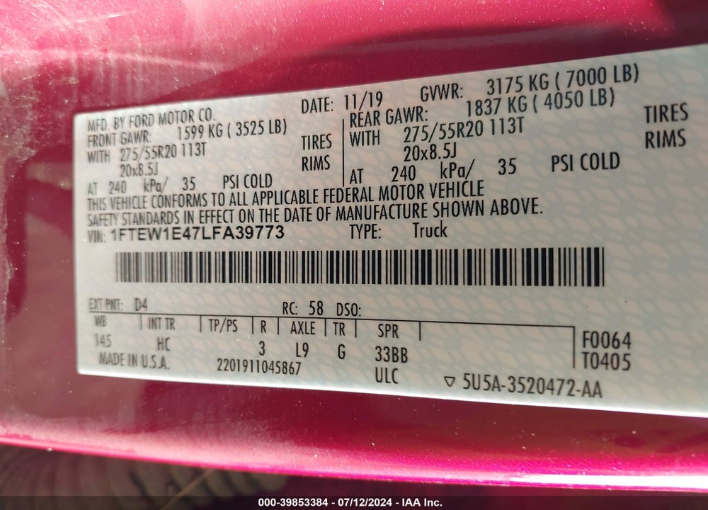 2020 FORD F-150 LARIAT VIN: 1FTEW1E47LFA39773
