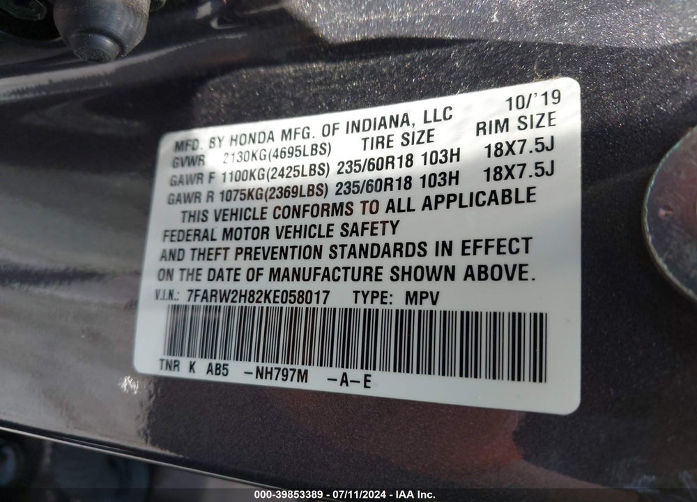 2019 HONDA CR-V EX-L VIN: 7FARW2H82KE058017