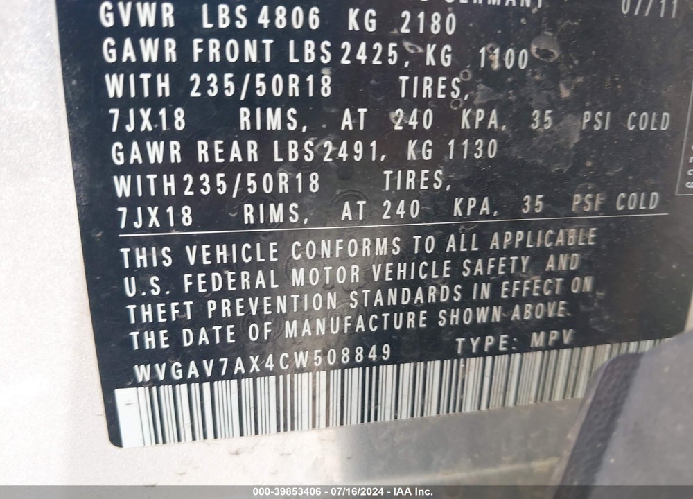 2012 VOLKSWAGEN TIGUAN VIN: WVGAV7AX4CW508849