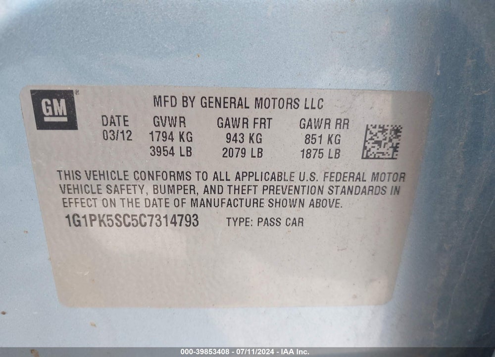 2012 CHEVROLET CRUZE ECO VIN: 1G1PK5SC5C7314793