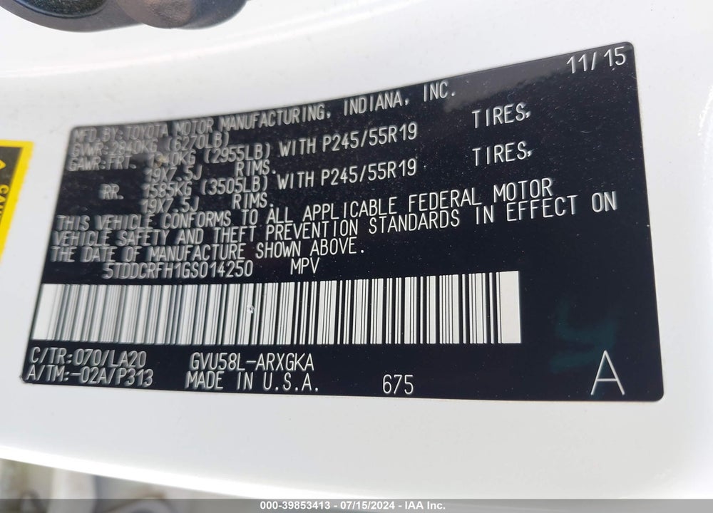 2016 TOYOTA HIGHLANDER HYBRID LIMITED PLATINUM V6 VIN: 5TDDCRFH1GS014250