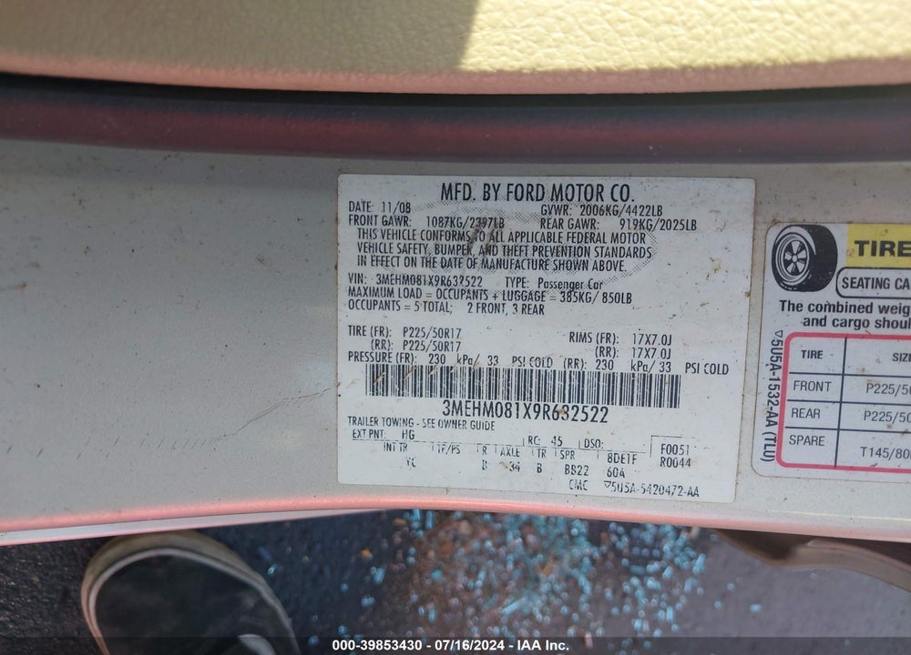 2009 MERCURY MILAN V6 PREMIER VIN: 3MEHM081X9R632522