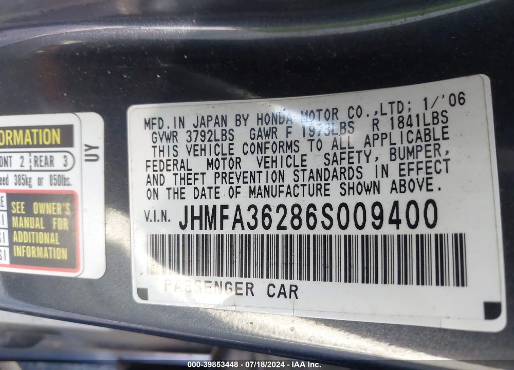 2006 HONDA CIVIC HYBRID VIN: JHMFA36286S009400