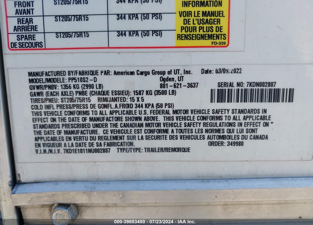 2022 AMERICAN HAULMARK VIN: 7KD1E1011NU002807