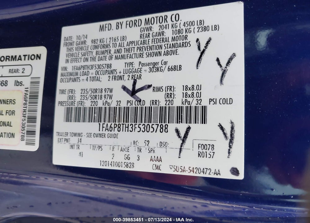 2015 FORD MUSTANG ECOBOOST VIN: 1FA6P8TH3F5305788
