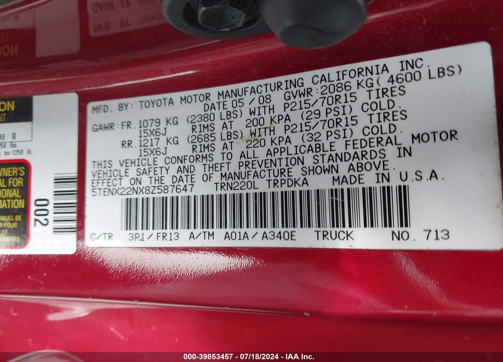2008 TOYOTA TACOMA VIN: 5TENX22NX8Z587647