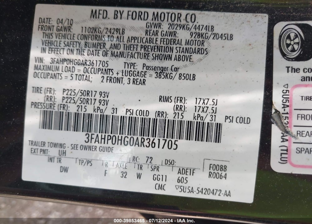 2010 FORD FUSION SE VIN: 3FAHP0HG0AR361705