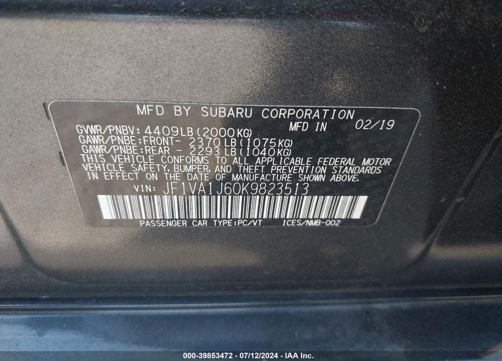 2019 SUBARU WRX LIMITED VIN: JF1VA1J60K9823513