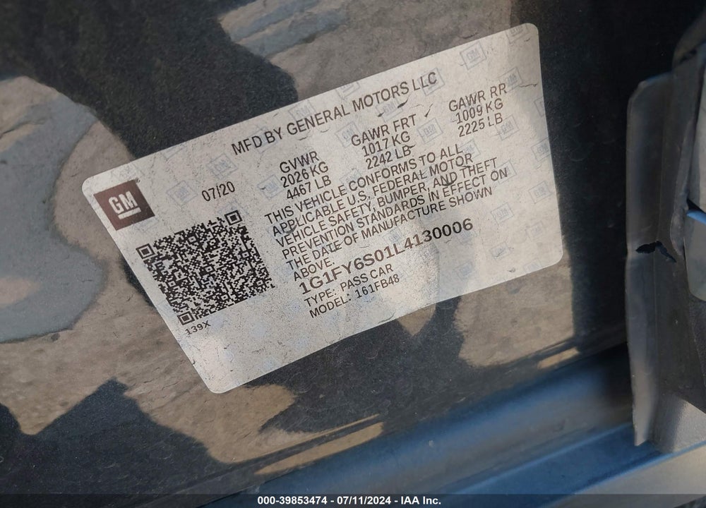 2020 CHEVROLET BOLT EV FWD LT VIN: 1G1FY6S01L4130006