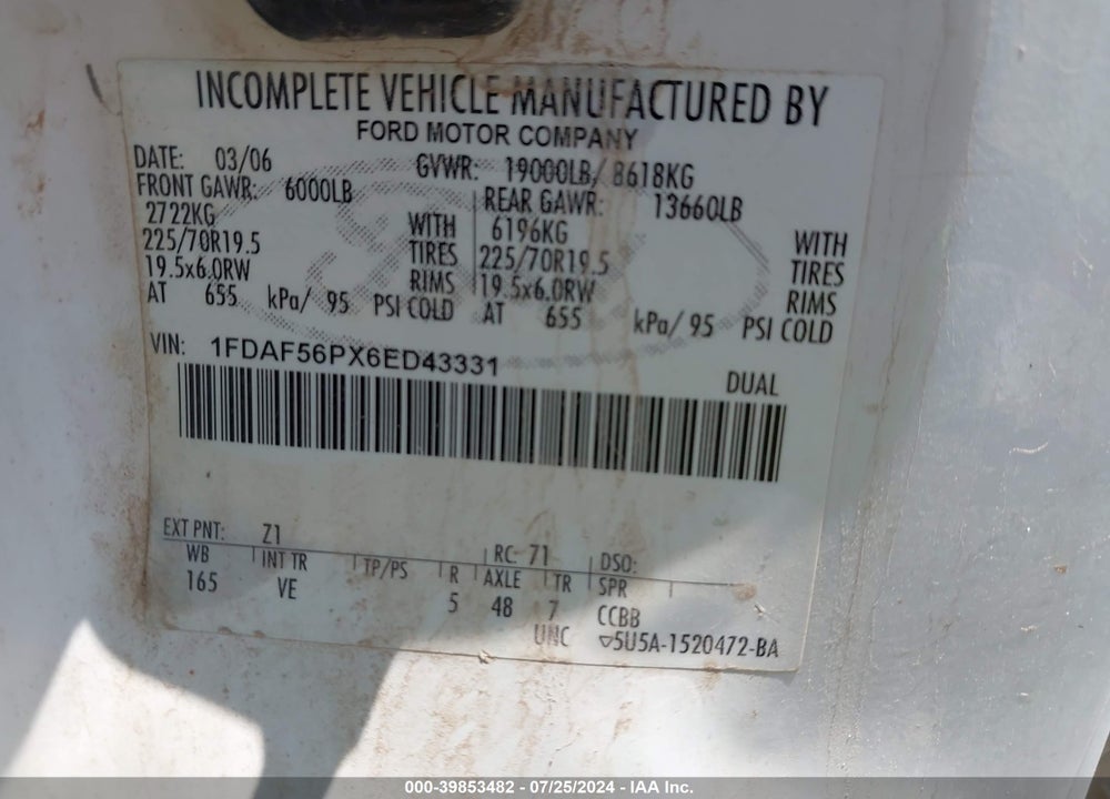2006 FORD F-550 CHASSIS VIN: 1FDAF56PX6ED43331