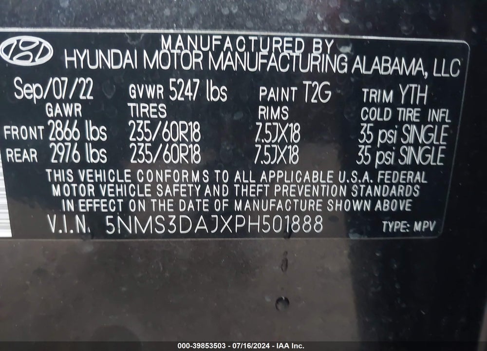 2023 HYUNDAI SANTA FE SEL VIN: 5NMS3DAJXPH501888