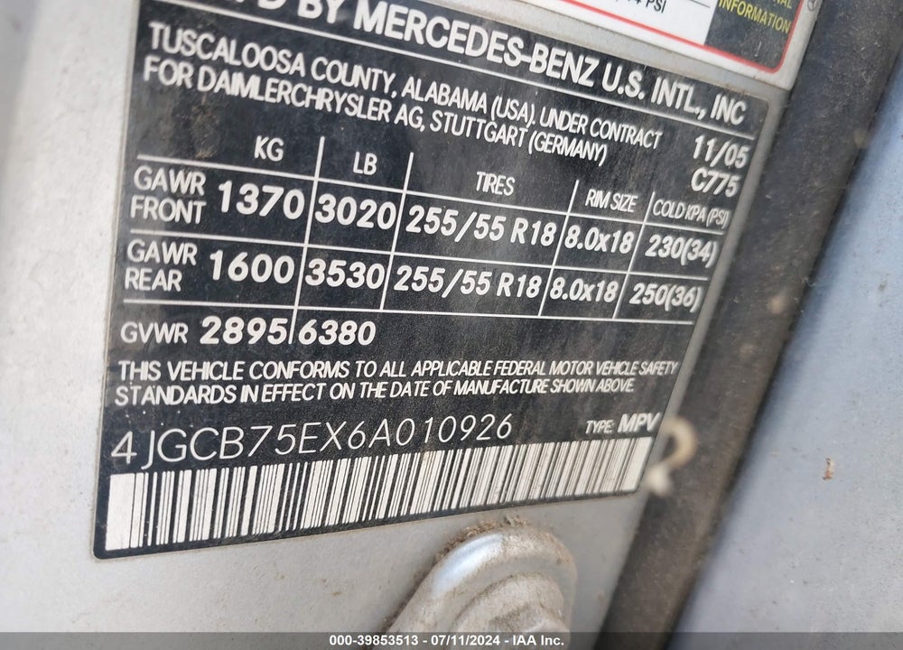 2006 MERCEDES-BENZ R 500 4MATIC VIN: 4JGCB75EX6A010926