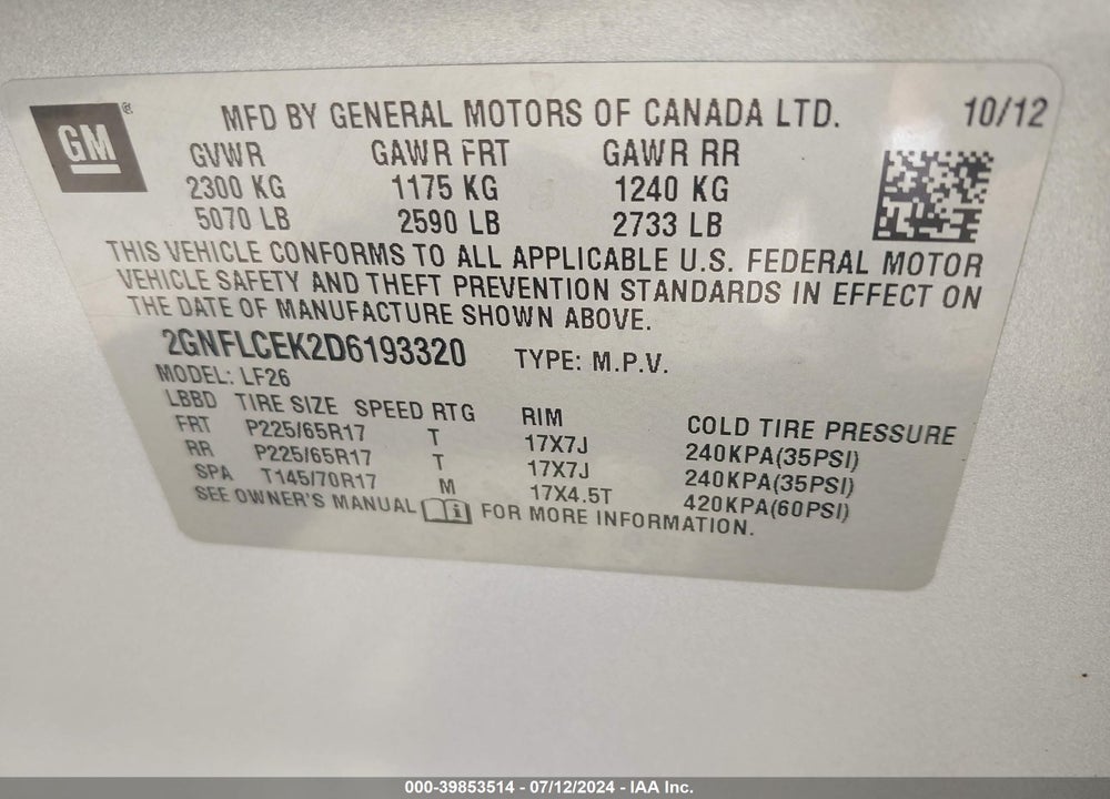 2013 CHEVROLET EQUINOX LS VIN: 2GNFLCEK2D6193320
