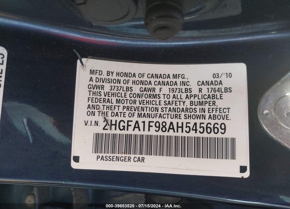2010 HONDA CIVIC EX-L VIN: 2HGFA1F98AH545669