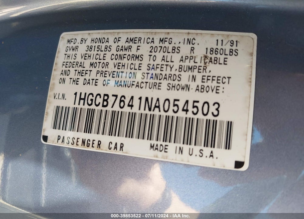 1992 HONDA ACCORD DX VIN: 1HGCB7641NA054503