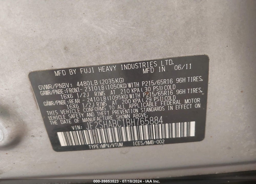2011 SUBARU FORESTER 2.5X VIN: JF2SHABC1BH765884
