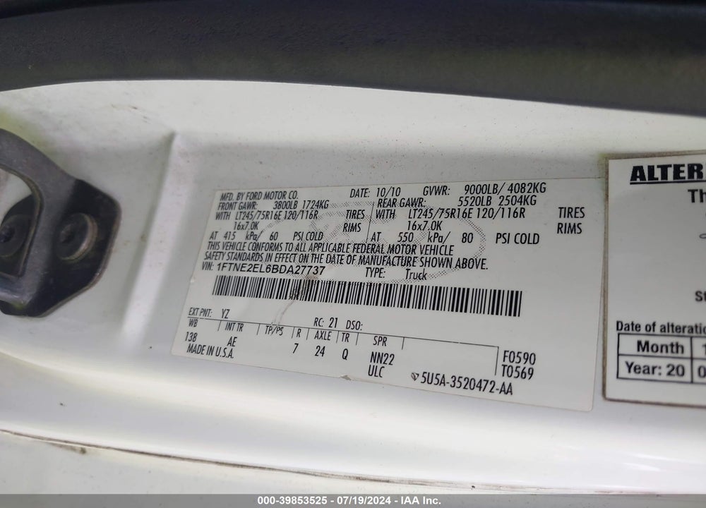 2011 FORD E-250 COMMERCIAL VIN: 1FTNE2EL6BDA27737