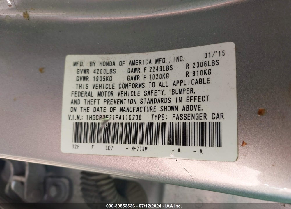 2015 HONDA ACCORD LX VIN: 1HGCR2F31FA110205