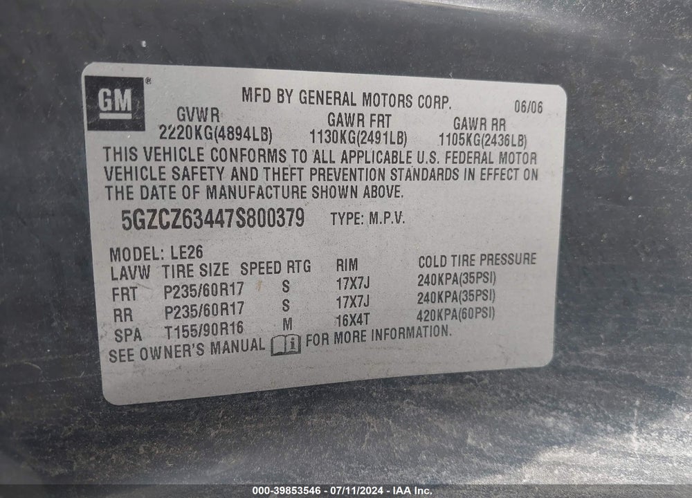2007 SATURN VUE V6 VIN: 5GZCZ63447S800379