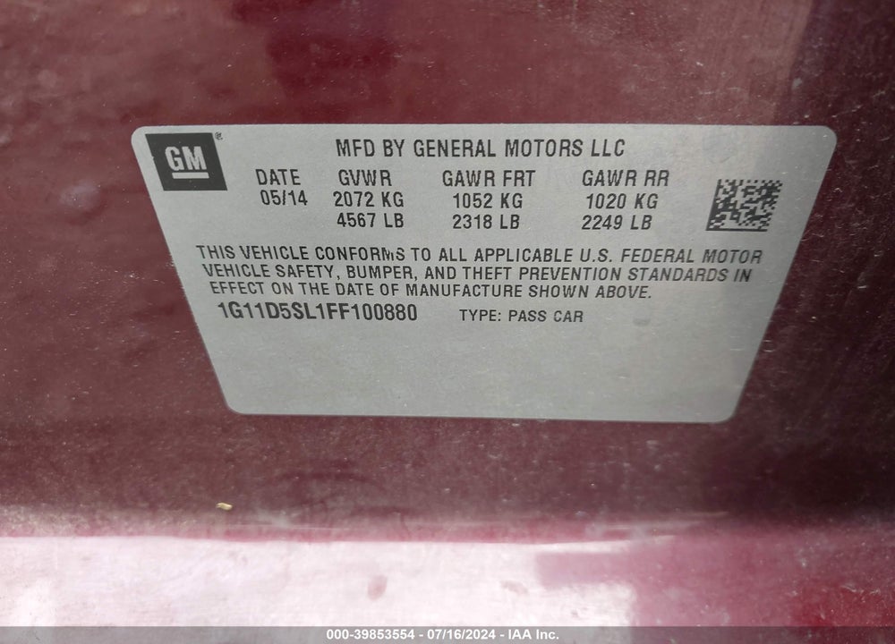 2015 CHEVROLET MALIBU 2LT VIN: 1G11D5SL1FF100880