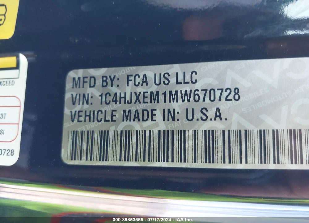 2021 JEEP WRANGLER UNLIMITED HIGH ALTITUDE 4X4 VIN: 1C4HJXEM1MW670728