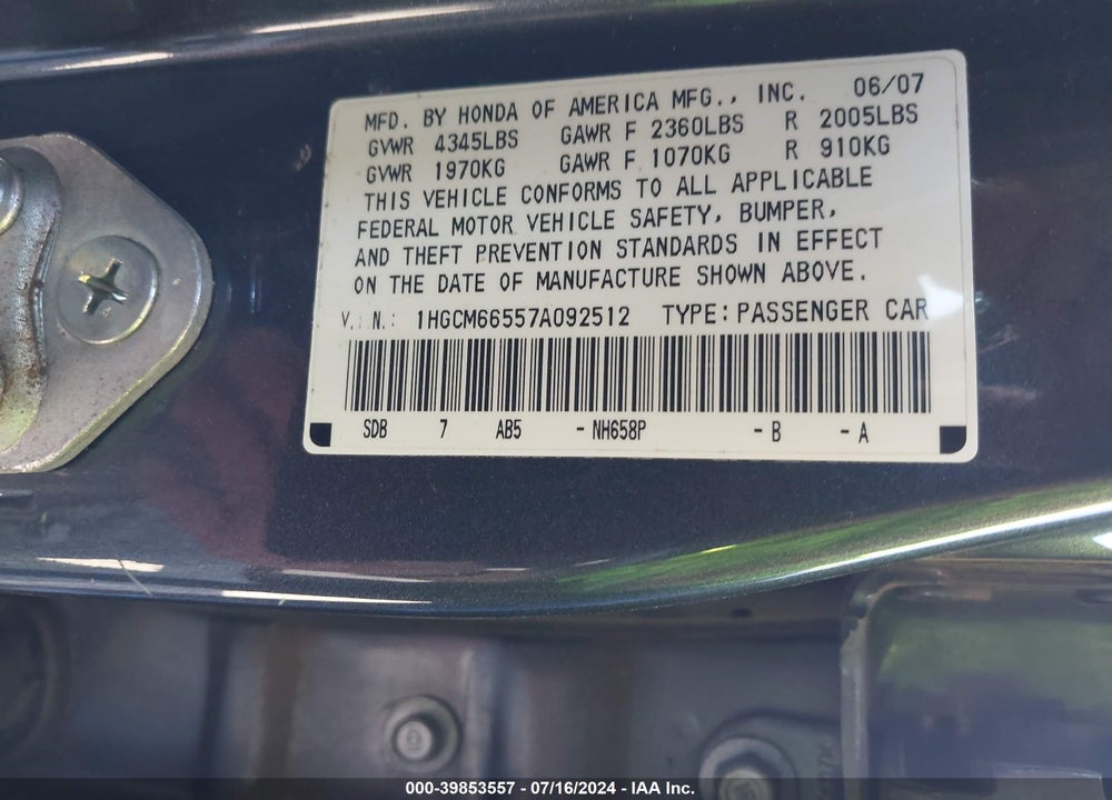 2007 HONDA ACCORD 3.0 EX VIN: 1HGCM66557A092512